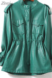 Spring Autumn Luxury Green Black Beige Leather Jacket Women with Drop Shoulder Long Sleeve Drawstring Pockets