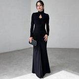 Winter Women's New Fashion Temperament High-Collar Emptiness Folding Solid Color Long-Sleeved Dress