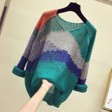 Color-block Knitted Sweater Women Fashion Thin Section Long-sleeved Loose Hollow Lazy Sweater Pullover Female