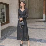 V Neck Long Maxi Dresses Women 2021 Solid High Waist Puff Sleeve Elegant Dress Sequin Party Dress Sexy Robe Femme