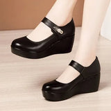 2021 Spring Leather Shoes Women Platform Wedges Shoe High Heels Round Toe Comfortable Black Women Pumps Large Size
