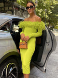 Elegant Feather Strapless Backless Midi Dress For Women Robe Fashion Off-shoulder Full Sleeve Long Dress