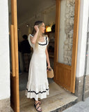 Women Elegant Contrast Spliced Ruffles Hem Long Dress Fashion Square Neck Backless Sleeveless Robes Female Chic Holiday