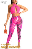 Fitness Outfits Sexy Print Halter Hollow Out Crop Top And Pants Two Piece Sets Summer Matching Club Suit Women