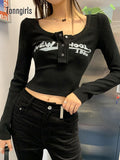 Grunge Tee Tops Retro Graffiti Print Elastic T Shirt Women Sexy Slim Crop Top Ribbed Long Sleeve O-neck Tops