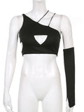 Hollow Out Sexy Irregular Woman Tshirts With One Arm Gloves Slim Black Crop Tops For Women Summer Rave Club