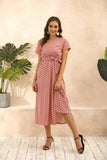 2021 Summer Fashion Sexy V Neck Short Sleeve Women's Split Dress Bohemia Casual Belt Empire Polka Dot Print Ladies
