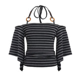 New Retro Stripe Shoulder Horn Sleeve T-Shirt Hottie Beaded Neck Small Repair