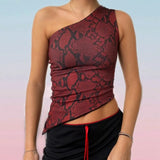 Vintage Chinese Style Print Crop Top Asymmetric Slim Fit One Shoulder Vests E-girl Aesthetic Fashion Women Summer Tank