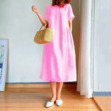Cotton Linen Loose Dress Summer Fashion Female O-Neck Short Sleeve Solid Color Knee Length Sweet