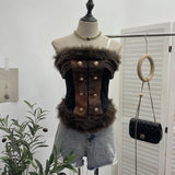 Real-Patted Leather Bra Waist Waist Coat Hair Spliced Pu Leather Slings To Collect Waist Thin Short Sleeveless Top