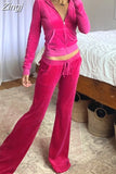 Vintage Fashion Green Velour Autumn Tracksuit Women Zip Up Hoodie and Pants Suits Two Piece Set Workout Solid