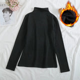 Plus Velvet Long Sleeve Women T Shirt Pullover Bottoming Tops Solid Sweater Slim Autumn Winter Mock Neck Basic