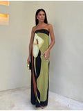 Print Off Shoulder Strapless Maxi Dress Women Contrast Backless Sleeveless Robes 2024 Fashion Female Holiday Beach