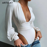 Black Deep V Neck Bodysuit Women Sexy Puff Sleeve Bodycon Jumpsuit Solid Elastic Casual Party Summer Bodysuits Body