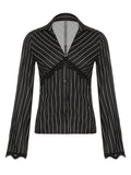 Lace Paneled Long Sleeve Striped Blouse- Outfit