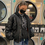 Rhinestone Skeleton Hoodies Women Gothic Black Zip Up Oversized Sweatshirts Female Retro Harajuku Hooded Jacket