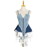 Zingj 2024 New Sexy V Collar Color Splicing Cowboy Zipper Waist Vest Irregular Halter Top