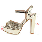 Women Sequinted Summer Open Toe Sandals Fashion Buckl Square High Heel Sandals Black Gold Sliver Ladies Dress Platform
