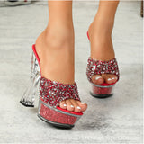 Zingj Glass Hotel Rhinestone Thick With Banquet Slippers Female Summer Transparent Waterproof Platform Thick Bottom Sexy