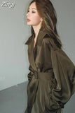 Autumn Long Flowy Dark Green Trench Coat for Women Belt Single Breasted Luxury Designer Women Clothing 2023 New