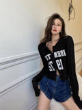 Letter Printed Woment-shirt Loose Stretch Long Sleeve Zippper Crop Tops Y2k Grunge Tops Streetwear Casual Jumpers