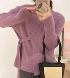 Zingj Version Of Irregular Inclined Buckle Ribbon Knit Cardigan Niche Design Sense Fashion Temperament Sweater Female Daily Commuting