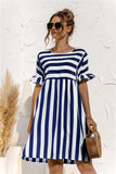 2021 Summer New Fashion O Neck Women's Dress Casual Loose Solid Short Sleeve Ruffle Patchwork Pocket Ladies Stripe