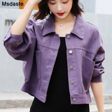 Jean Jacket Denim Coat Outerwear Big Pockets Lady Jeans Jackets Female Purple Pink Basic Casual Ladies Autumn Outer