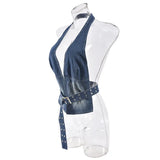 Denim Adjustable Strap Plunge Backless Halter Top-Outfit