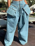 Zingj New Fashion High Waist Large Pocket Design Sense Wide Leg Pants Loose Small Show Skinny Jeans