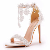 Sandals White Buckle Shoes Fine Heel Roman Sandals White Lace Heel