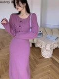 Red Knitting Dress Women Korean Fashion Office Lady Two Piece Dress Female Winter Warm Casual Christmas Party Dress