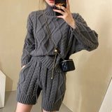 Winter Ladies 2 Pieces Knitted Set Long Sleeve Tutleneck & Drawstring Shorts Casual Women Sweater