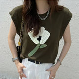 Sleeveless Flower Patch T Shirt Women 2022 Summer Top Cotton Crew Neck Casual Tshirt Korean Fashion Aesthetic