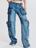 Zingj 2024 New Fashion High Street Design Sense Pocket Stitching Tooling Wind High Waist Straight Tube Denim Warehouse Pants