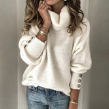 Turtleneck Sweater Women Winter Metal Buttons Long Sleeve Loose Pullover Knitted Jumpers Oversized Harajuku