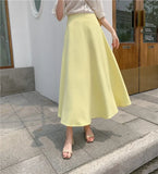 Women's Korean Style Office Lady Skirts Spring Fall Casual Solid High Waist A-Line Satin Femme
