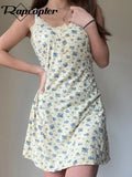 y2k Small Floral Mini Dress Lace Button A-Line Sundress Cute Sweet Spaghetti Strap Pleated Dress Women Beach