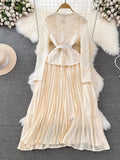 And Autumn Korean Version Of Socialite Temperament Fake Two Long-Sleeved Square Collar Lace Receiving Waist A Large Swinging Pleated
