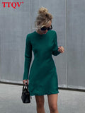 Casual Blue O-neck Mini Dress Ladies Autumn Long Sleeve Slim Bodycon Dress Elegant Classic Party Dresses For Women