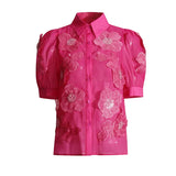 Temperament Elegant Wind Shirt 2025 Autumn New Nail Bead Three-Dimensional Flower Perspective Shirt Short-Sleeved Jacket