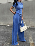 Fashion Women's 2 Pcs Set Pleated New Round Neck Loose Short Sleeve Tops And Highwaist Straight Pants Female Summer