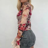 Square Neck Skinny Crop Top Retro Floral Print T-shirt Elegant Lady Women Fairy Grunge Long Sleeve Ruffles Tees