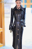 Spring Autumn Long Luxury Elegant Fitted Patchwork Pu Leather Trench Coat for Women Single Breasted Runway Fashion