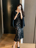 Kong Style Elegant Temperament V-Neck Long Lace Fishtail Dress Women's New