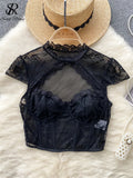 American Sexy Sheer Lace Blouse Women Short Sleeves Hotsweet Chiffon Shirt Fashion Hollow Out Chest Slim Summer