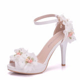Summer New High Heel Fish Mouth Women's White Flower Sandals One-Word Buckle With Casual Wedding Women's