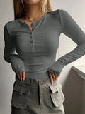 Solid Color Breasted V Neck Slim Long Sleeve Knit- Outfit