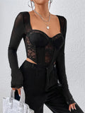 Lace Mesh Sheer Spliced Short T-Shirts Women Sexy Long Sleeve Low Cut Bustiers Tops 2023 Party Club Slim Fit